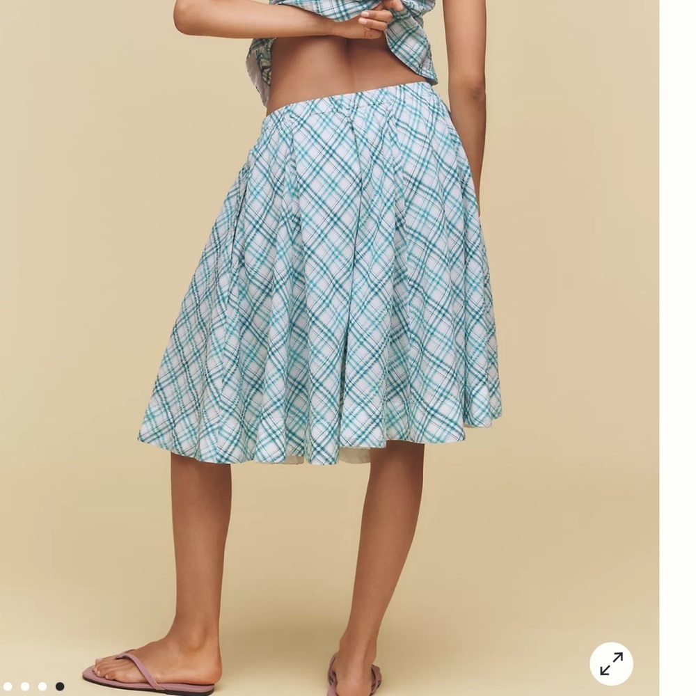 NWT Anthropologie Maeve Teal and White Plaid A Line Midi Skirt Size‎ Medium - Picture 2 of 11